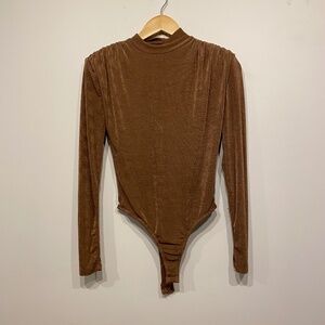 JLUXLABEL Brown Long Sleeve Mock Neck Shoulder Pad Kenzi Bodysuit